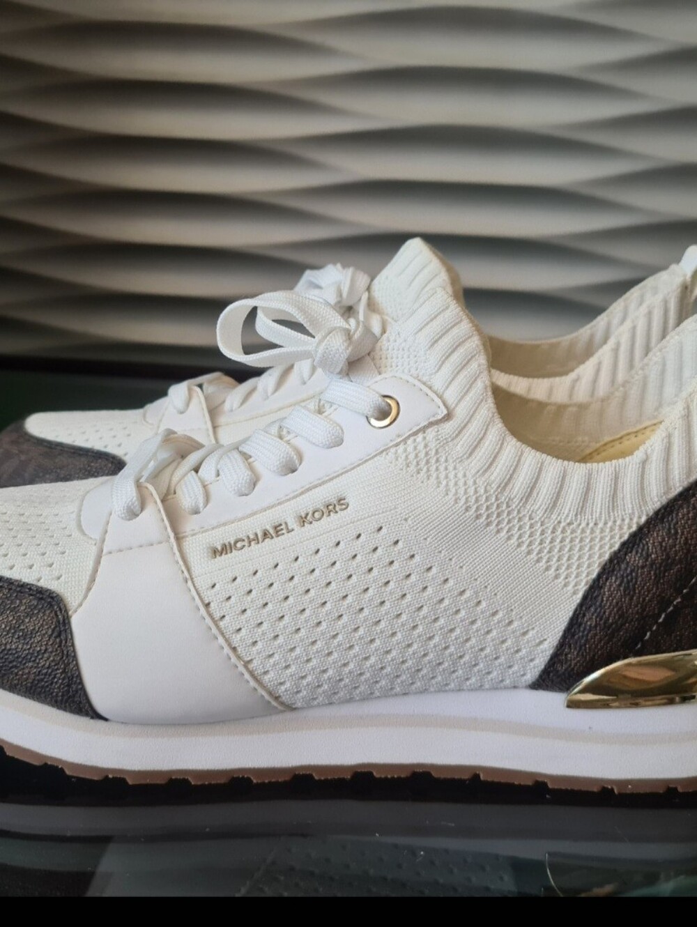 Michael Kors White and Brown Knit Lace-Up Sneakers with Gold Trim